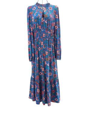 NEW Boden Blue Floral Knit Midi Dress Smocked Waist Pink Orange Flowers Size 8R